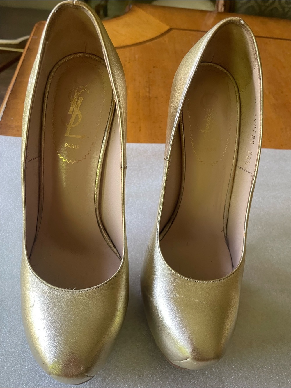 Yves Saint Laurent Metallic Gold Platform Stiletto Pumps